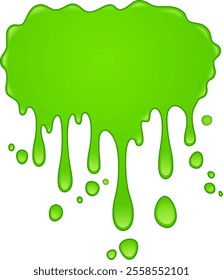 Viscous bright green goo is slowly dripping down, forming drops and blobs of various sizes, creating an abstract, playful, and slightly messy visual