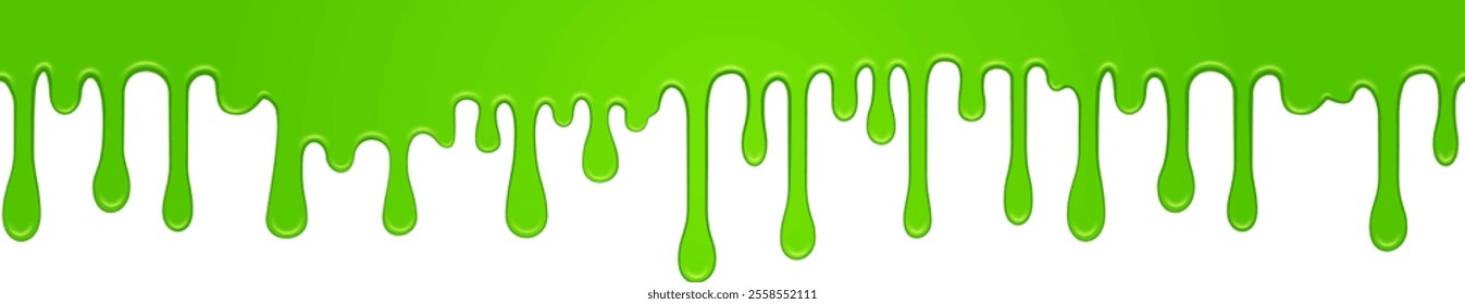 Viscous bright green slime dripping down on white background, creating a sticky and gooey texture, suitable for halloween or any spooky design