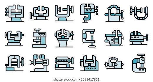 Vise grip icons set. Outline set of vise grip vector icons thin line color flat on white background