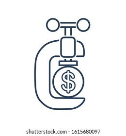 A vise squeezes a coin. Financial pressure. Vector linear icon on a white background.