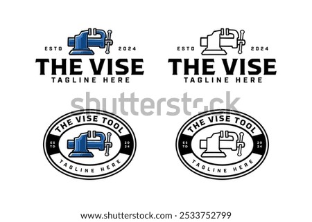 vise tool crossed colorful and outline badge logo design set for workshop and garage. workbench, pressure tool illustration logo template for repairer, mechanic, craftsman 