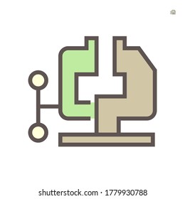 Vise or vice icon. Item is a mechanical apparatus consist of sliding jaw, stationary jaw, slide, handle, screw, fixed body and base. For holding workpiece in wood, metalworking, welding. 64x64 px.