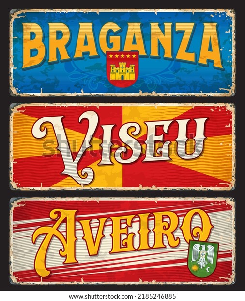 Viseu, Braganza, Aveiro, Portuguese city plates\
and travel stickers, vector luggage tags. Portugal cities tin signs\
and travel plates with landmarks, flag emblems and tourism\
sightseeing symbols