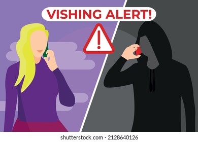 Vishing Alert. Woman receiving a fraudulent call from a stranger trying to scam her