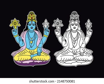 Vishnu with the attributes of a conch and a chakra sits in a lotus position and blesses with a gesture. Indian God. Color sticker and black and white contour vector drawing.