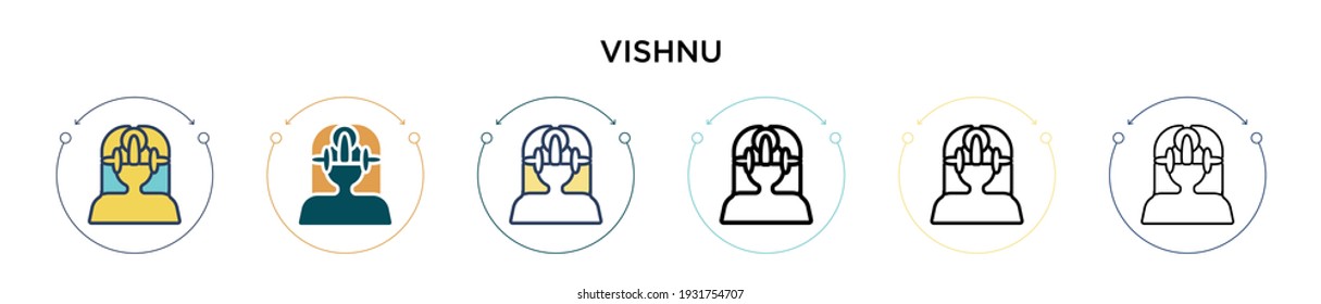 Icono de Vishnu en estilo relleno, delgado, contorno y trazo. Ilustración vectorial de dos iconos vectoriales coloreados y negros se pueden utilizar para móviles, ui, web