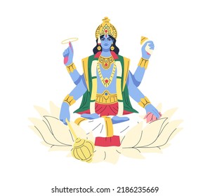 Vishnu, Indian lord of Hinduism. Hari god of ancient India. Hindu deity sitting on lotus flower, holding attributes. Traditional holy divinity. Flat vector illustration isolated on white background