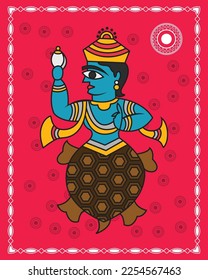Vishnu Kurm Avatar in Kalighat Art. painting, illustration of indian Traditional Kalighat drawing.