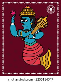 Vishnu Matsya Avatar in Kalighat Art. painting, illustration of indian Traditional Kalighat drawing.