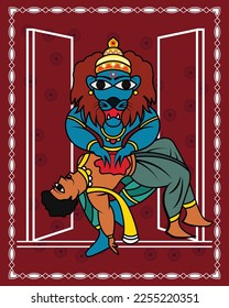Vishnu Narsingh Avatar in Kalighat Art. painting, illustration of indian Traditional Kalighat drawing.