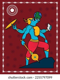 Vishnu Varaha Avatar in Kalighat Art. painting, illustration of indian Traditional Kalighat drawing.