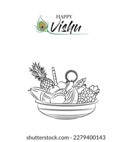 vishu festival all fruits in plate line drawing