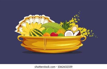 Vishu Kani, Fruits and vegetables in a bronze vessel, Happy vishu, Kerala festival