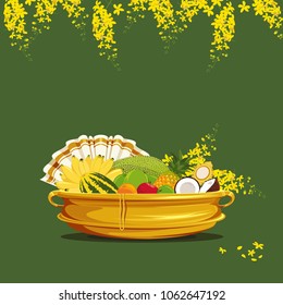 Vishu Kani, Fruits and vegetables filled in a bronze vessel, Kerala Festival Vishu Kani, Fruits and vegetables filled in a bronze vessel, Kerala Festival