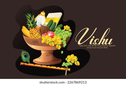 Vishu, Kerala festival with VishuKani, vishu flower Fruits and vegetables in a bronze vessel