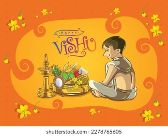 Vishu is a spring festival celebrated in the Indian state of Kerala. greetings design with illustration of flowers, Fruits and vegetables in a bronze vessel.