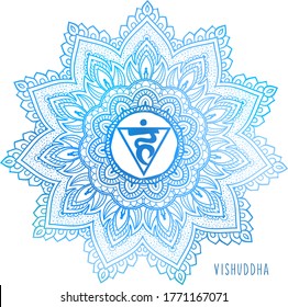 Vishudda Fifth chakra coloring  vector illustration.  throat chakra symbol. Blue Color. For logo yoga healing meditation. Beautiful outline mandala. Ethnic, Indian style.