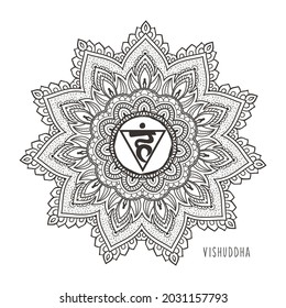 Vishudda Fifth chakra vector illustration.Throat chakra symbol. Black and white Color. For logo yoga healing meditation. Beautiful outline mandala. Ethnic, Indian style.