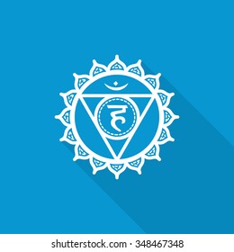 Vishuddha.  Beautiful indian ornamental 7 chakras collection. Vector illustration. Color yoga chakra flat icon with long shadow. 7 chakra mandalas.
