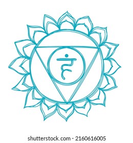 Vishuddha chakra. Pencil drawing. Hand drawn vector art. Om sign. Blue circle. Sacral icon. Meditation