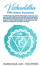 Vishuddha Chakra symbol on a blue watercolor dot, vector illustration. The Throat Chakra