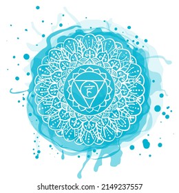 Vishuddha chakra. Watercolor blot. Hand drawn sloppy vector art. Om sign. Blue circle. Sacral icon. Meditation