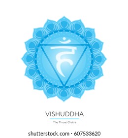 Vishuddha - fifth energy center of human body  behind the throat. Chakra vector isolated multicolored icon - for yoga studio, banner, poster. Editable concept.