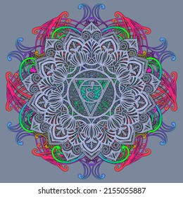 Vishuddha - the fifth guttural chakra. Sacral sign. Meditation Vishuddha. Throat chakra. Symbol of the fifth human chakra. Vector illustration.Yoga, meditation, reiki and sacred geometry. suitable for