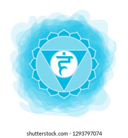 Vishuddha icon. The fifth guttural chakra. Vector blue smoky circle. Line symbol. Sacral sign. Meditation