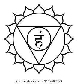 Vishuddha or Vishuddhi, Throat chakra, meaning purest. Fifth chakra, located at the throat region near the spine. Lotus with 16 petals, a triangle, a circle, and the seed syllable Ham, space (Akasha).