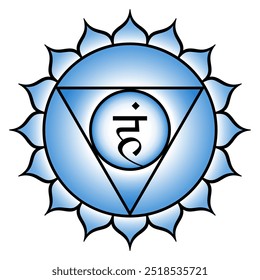 Vishuddha, or Vishuddhi, the Throat chakra and purification center. Fifth chakra located at the throat region. Blue lotus with 16 petals, triangle, circle, and seed syllable Ham for space and Akasha.