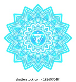 Tira la quinta chakra. Ilustración vectorial de color azul Para la meditación curativa del yoga logotipo. Hermosa mandala de contorno. Étnica, de estilo indio.
