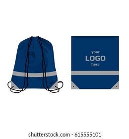 Visibility drawstring bag blue navy color with reflective parts and place for logo, isolated vector.