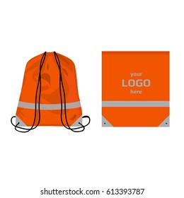 Visibility drawstring bag orange color with reflective parts and place for logo, isolated vector.