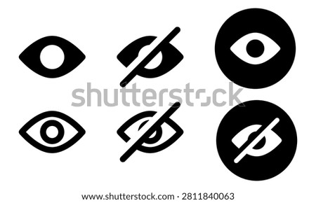 Visibility Eye Icon Symbol Set. Eye and hidden eye icons showing visibility, privacy, password reveal, hidden content, and secure access concepts