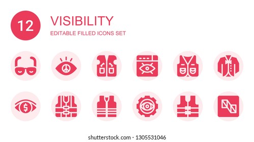 visibility icon set. Collection of 12 filled visibility icons included Vision, Vest, Visibility, Preview