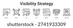 Visibility Strategy web banner icon set vector illustration concept for business with icon of Keyword, Search, Sem, Cpm, Backli.