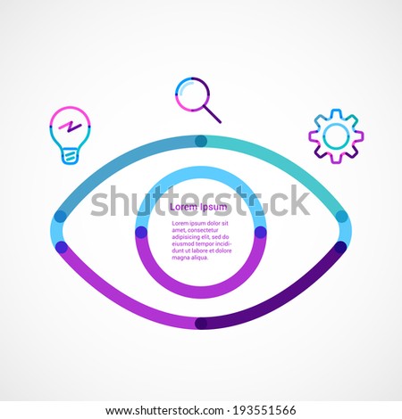 Visible flat line icon infographic illustration template for web or brochure. Gear flat line icon. Zoom lens, search or magnifying glass flat line icon. Light bulb icon. Vector illustration. 