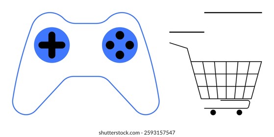 Visible are a game controller and a shopping cart. Ideal for gaming, e-commerce, online stores, digital marketplaces, and technology retail. Simple lines, modern look