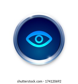 Visible icon on blue button. Search eye symbol. Vector background. 