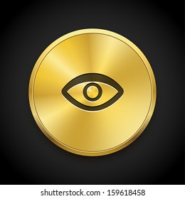 Visible icon on golden button. Search eye symbol. Vector background. 