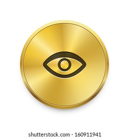 Visible icon on golden button. Search eye symbol. Vector background. 