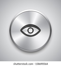 Visible icon on metal button. Search eye symbol. Vector background.