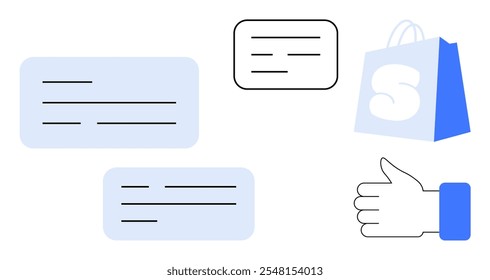 Itens visíveis incluem balões de fala, uma sacola de compras com um logotipo e um gesto de polegar para cima. Ideal para comunicação, comércio eletrônico, feedback de clientes, compras on-line e temas de interação com o usuário. Simples