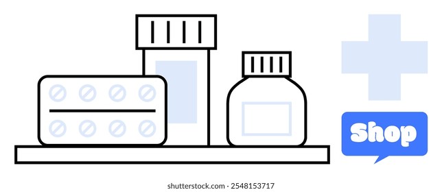 Visibles son los frascos de medicamentos y un blíster de píldoras en un estante con una cruz azul y texto de la tienda. Ideal para farmacias en línea tiendas de suministros médicos atención médica comercio electrónico Sitios web farmacéuticos