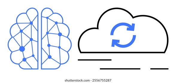 Visible are a neural network brain and a cloud with sync arrows. Ideal for AI, cloud computing, data exchange, machine learning, digital connections. Drawing is minimalistic, tech-focused, modern