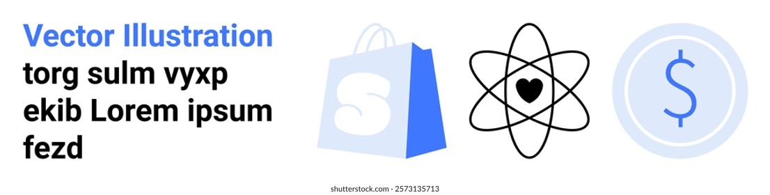 Visible are a shopping bag, an atom with a heart in the center, and a dollar sign inside a circle. Ideal for online stores, e-commerce, science, love, and finance. Landing page