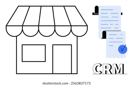 Visible is a small storefront beside a checklist with a checkmark and CRM text. Ideal for business management, customer relations, retail, organizational tools, and sales strategy illustrations