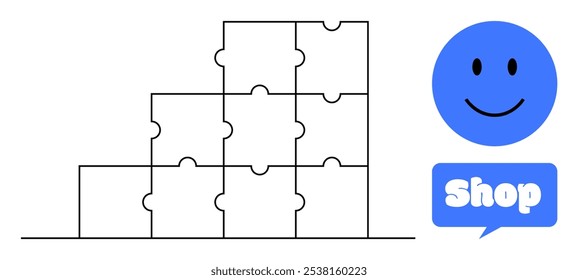 Visibles son bloques de piezas de rompecabezas apiladas y una cara sonriente dentro de un círculo azul con un símbolo de la tienda. Ideal para el desarrollo de negocios, trabajo en equipo, resolución de problemas, compras en línea, marketing. Sencillo
