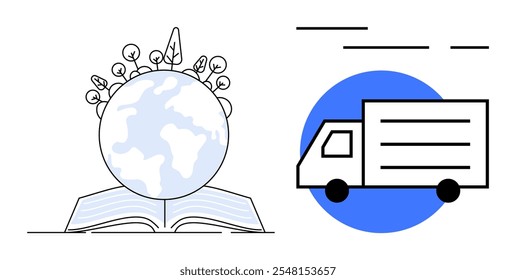 Visible é um mapa do mundo emergindo de um livro aberto com plantas crescendo em cima, e um caminhão de entrega em um círculo azul de fundo. Ideal para meio ambiente, educação, crescimento, logística, global